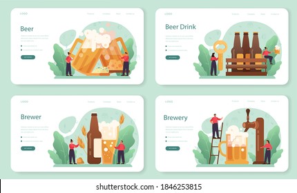 Banner web de cerveza o página de inicio. Botella de vidrio y jarra vintage con alcohol artesanal. Menú de bar o pub. Ilustración vectorial plana aislada