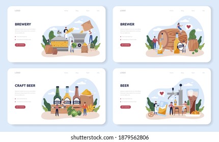 Beer web banner or landing page set. Craft beer production, brewing process. draught beer tank, vintage mug and bottle full of alcohol drink. Bar or pub menu. Isolated flat vector illustration