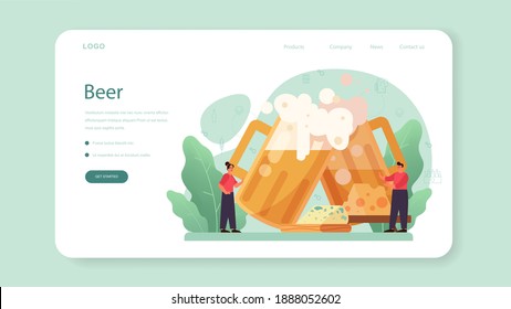 Beer web banner or landing page. Glass bottle and vintage mug with craft alcohol drink. Bar or pub menu. Isolated flat vector illustration