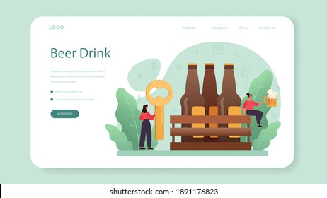 Beer web banner or landing page. Glass bottle and vintage mug with craft alcohol drink. Bar or pub menu. Isolated flat vector illustration