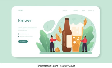 Banner web de cerveza o página de inicio. Botella de vidrio y jarra vintage con alcohol artesanal. Menú de bar o pub. Ilustración vectorial plana aislada