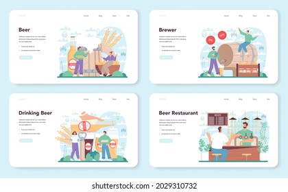 Beer web banner or landing page set. Glass bottle and vintage mug with craft alcohol drink. Craft beer production. Bar or pub menu. Isolated flat vector illustration