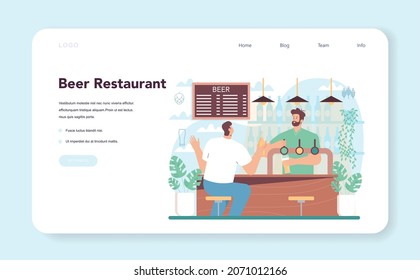 Beer web banner or landing page. Glass bottle and vintage mug with craft alcohol drink. Craft beer production. Bar or pub menu. Isolated flat vector illustration
