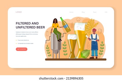 Beer web banner or landing page. Glass bottle and vintage mug with filtered or infiltered alcohol drink. Lager, ale, porter craft beer production. Bar or pub menu. Flat vector illustration