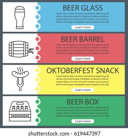 Beer web banner templates set. Sausage on fork, beer glass, bottles box and barrel. Website color menu items with linear icons. Vector headers design concepts