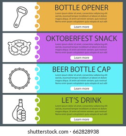 Beer web banner templates set. Beer bottle opener and cap, brezel, cheers. Website color menu items with linear icons. Vector headers design concepts