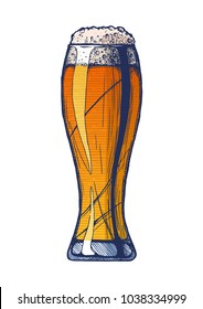 Beer in Weizen glass. Vector colored illustration in vintage ink hand drawn style. isolated on white.