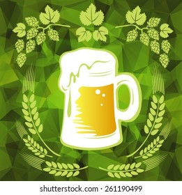 Beer and wheat ears on a green polygonal background. EPS-10