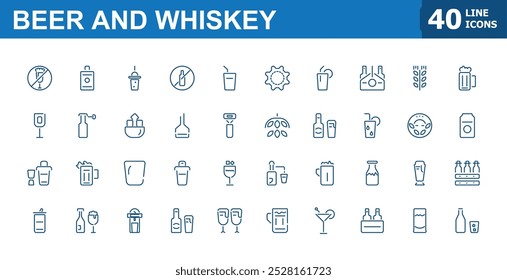 Beer and whiskey icon set. Beverage and drinks icons collection. Related to wine, whiskey, cocktail, bar and more. Minimalist drinks Vector illustration.