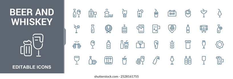 Beer and whiskey icon set. Beverage and drinks icons collection. Related to wine, whiskey, cocktail, bar and more. Minimalist drinks Vector illustration.