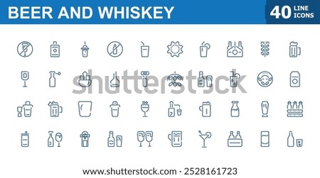 Beer and whiskey icon set. Beverage and drinks icons collection. Related to wine, whiskey, cocktail, bar and more. Minimalist drinks Vector illustration.