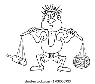Beer and wine alcoholism. Caricature of an alcoholic. Color vector illustration