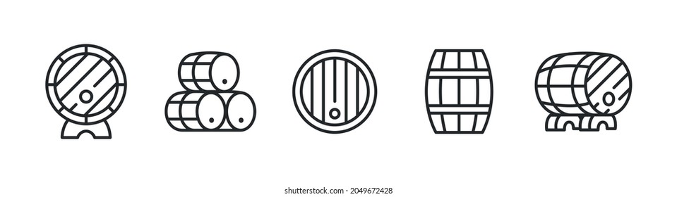 Iconos de barriles de cerveza y vino. El conjunto de barriles tradicionales. 5 toneles de madera aislados en un fondo blanco. Ilustración del vector 