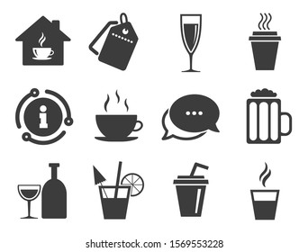 Beer, wine and cocktail signs. Discount offer tag, chat, info icon. Tea, coffee and beer icons. Take away drinks. Classic style signs set. Vector