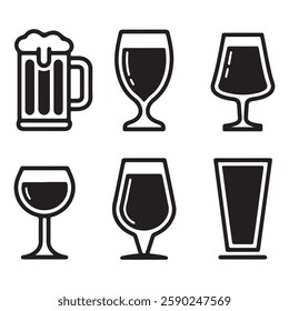 Beer and wine glass icons, drinkware vector set, pub and bar symbols, alcohol beverage silhouettes, stylish glassware design, cocktail mug illustration, elegant party drink logo