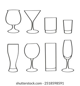 Beer Wine Glass ícone de vetor clip art definir contorno preto e branco no fundo transparente. Definir ícone de copos. ícones de bebidas, água, refrigerante, álcool, suco, vidro, vetor de milk shake.