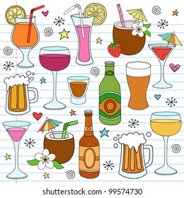 Beer, Wine, and Mixed Alcohol Drinks Hand Drawn Notebook Doodle Design Elements Set on Lined Sketchbook Paper Background- Vector Illustration