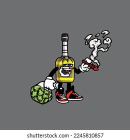 beer wine vector bottle character cartoon mascot smoking blunt from weed and hold bag bud nug cannabis 