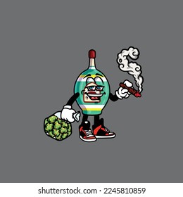 cerveza vectores de botella personaje mascota mascota que fuma grueso de maleza y sostén bolso bud nuez cannabis 