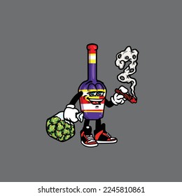 beer wine vector bottle character cartoon mascot smoking blunt from weed and hold bag bud nug cannabis 