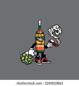 beer wine vector bottle character cartoon mascot smoking blunt from weed and hold bag bud nug cannabis 