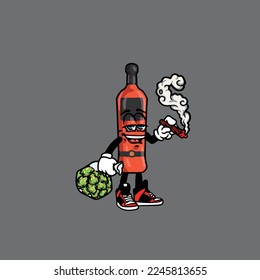 beer wine vector bottle character cartoon mascot smoking blunt from weed and hold bag bud nug cannabis 