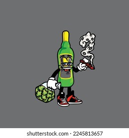 beer wine vector bottle character cartoon mascot smoking blunt from weed and hold bag bud nug cannabis 