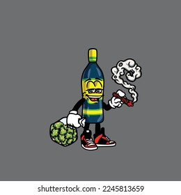 beer wine vector bottle character cartoon mascot smoking blunt from weed and hold bag bud nug cannabis 