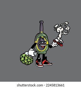Bierwein, Vektorflasche Charakter Cartoon Maskottchen Rauchen von Unkraut und Haltetasche Bug nug Cannabis 
