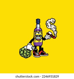 Vector de vino de cerveza botella fumar hierba de la hierba de la unión nuez cannabis 