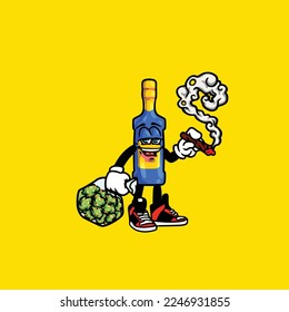 Vector de vino de cerveza botella fumar hierba de la hierba de la unión nuez cannabis 
