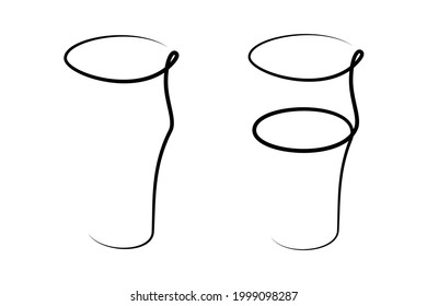 Beer wineglass empty and with a beverage on white background. Graphic arts sketch design. Black one line drawing style. Hand drawn image. Alcohol drink concept for restaurant, cafe, party. Freehand.
