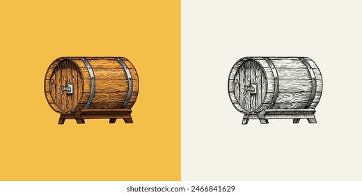 Beer in a wooden barrel, classical alcohol. Engraved in ink hand drawn in old sketch for oktoberfest. Vintage style.