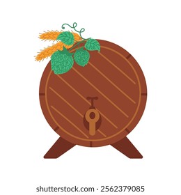 Beer wooden barrel with hop branch and malt. Vector illustration of brewery element, craft beer. Symbol, logo illustration