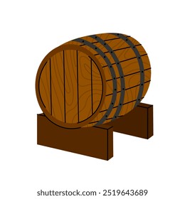 Barril de madera de cerveza. Barrica de roble para el envejecimiento de bebidas alcohólicas. Grande barril para envejecer o almacenar cerveza, vino, whisky. Ilustración plana sobre fondo blanco.