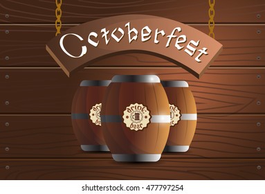 Beer Wooden Barrel Oktoberfest Festival Banner Flat Vector Illustration