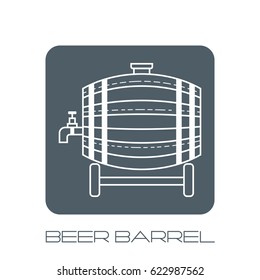 Beer wooden barrel with a tap. White linear, flat icon, object on the grey base