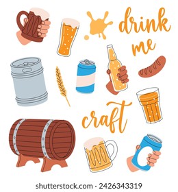 Beer. Wooden barrels, cans, glasses, mugs, metal keg, sausages. Brewing process, brewery factory production. Vector illustration.