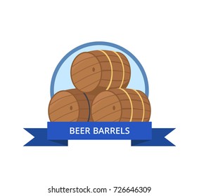 Beer wooden barrels logo vector illustration isolated in circle with blue ribbon.. Three casks or tuns hollow cylindrical container, made of wood staves