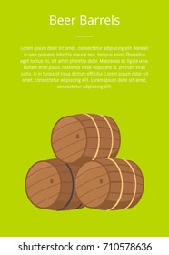 Beer wooden barrels vector illustration on green with text. Three casks or tuns hollow cylindrical containers, symbol of Oktoberfest or Octoberfest festival