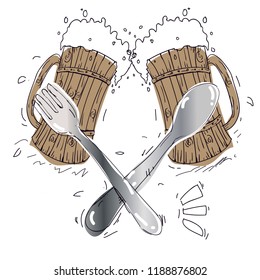 beer in the wooden cup and spoon doodle cute illustration