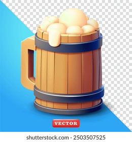 Beer in wooden glass, 3d vector. Suitable for drinks and design elements