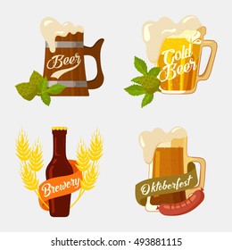 Beer in wooden and glassware mug with foam, bottle with brewery ribbon and hop or barley, sausage for snack. Set of logotypes for restaurant and oktoberfest. Alcohol or booze theme