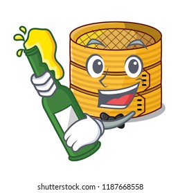 With beer wooden steamed food container on cartoon