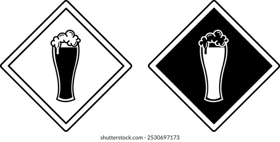 Beer Zone Signs. Black and White Vector Icons. Humorous Road Sign. Funny Sticker. Glass of Foaming Beer