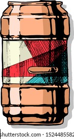 Beercan. Vector hand drawn illustration of beverage can in ink hand drawn style.  isolated on white. 