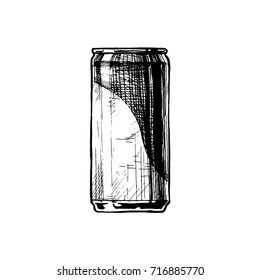 Beercan. Vector hand drawn sketch of beverage can in ink hand drawn style.  isolated on white. 