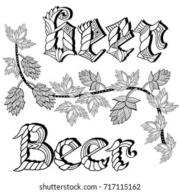 Beer.Hand-drawn ornamental inscription. Zentangle and doodle style. Coloring book or tattoo. Vector illustration.
