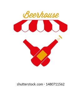 Beerhouse Pub Sign, Emblem. Red and White Striped Awning Tent. Crossed Bottles. Gold and Red Colors. Flat Vector Illustration.