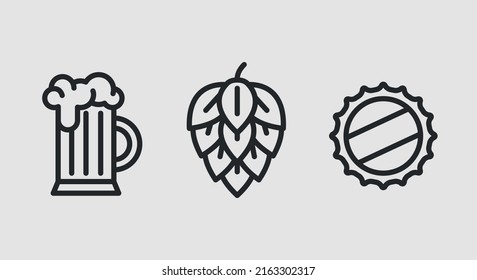 Beericons. Mug of beer, hop and bottle cap icons isolated on grey background. Icons for web design, app interface. Vector illustration